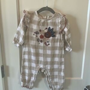 Mudpie Checkered Baby Romper with turkey Embroidery